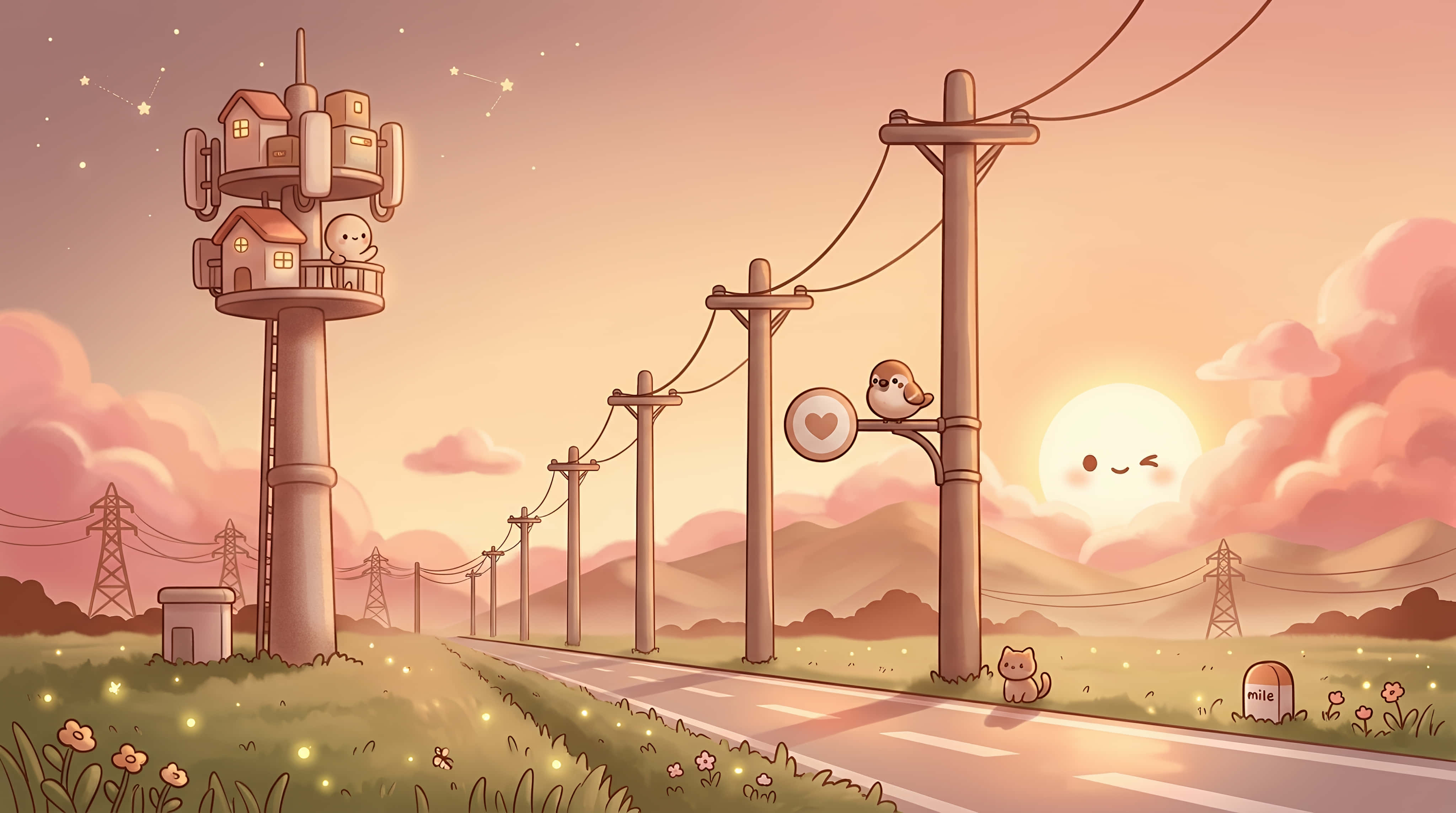 Atardecer Acogedor: Aventura Kawaii al Borde del Camino Fondos de pantalla