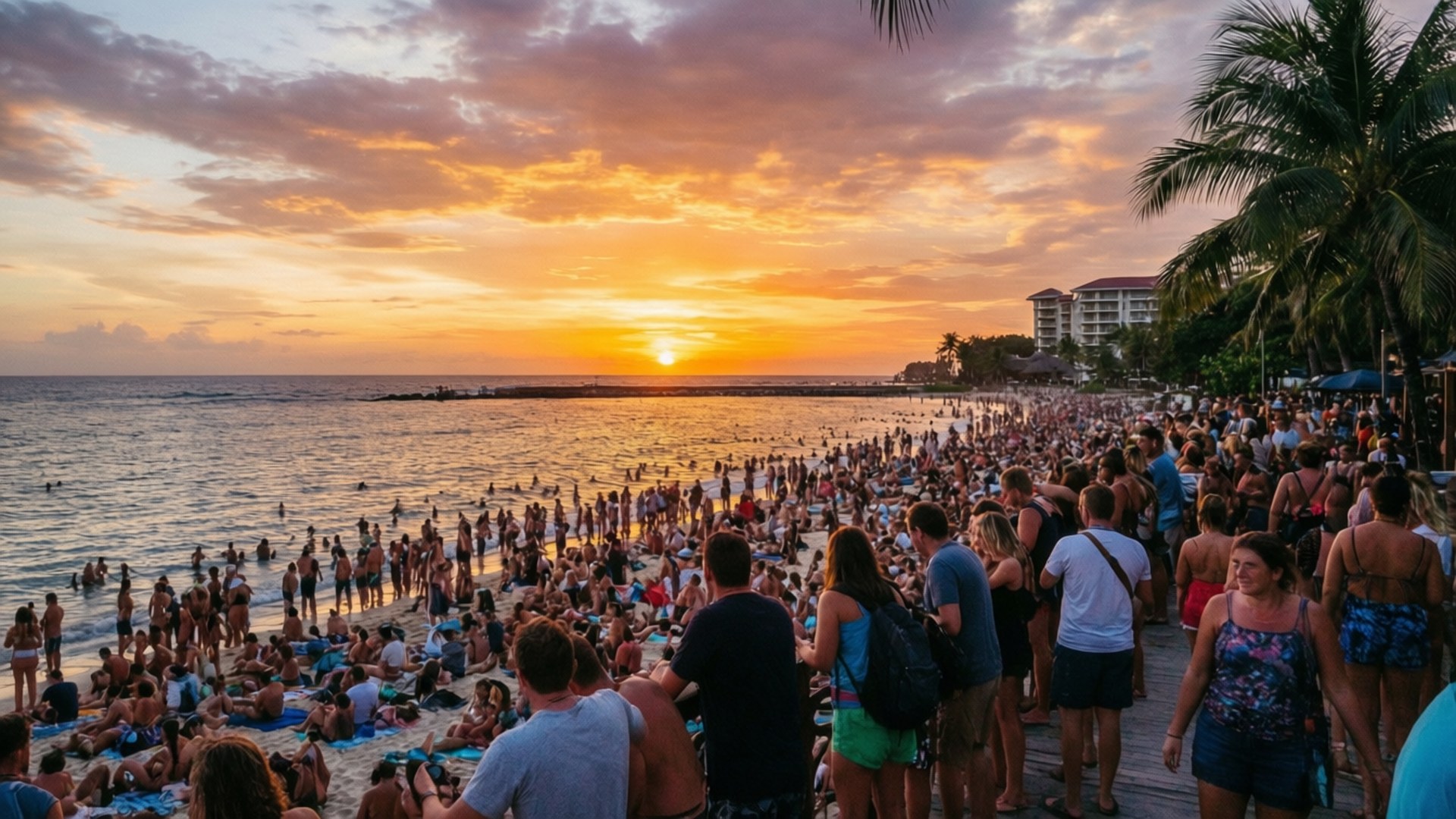 Atardecer animado en la playa con multitud Fondos de pantalla