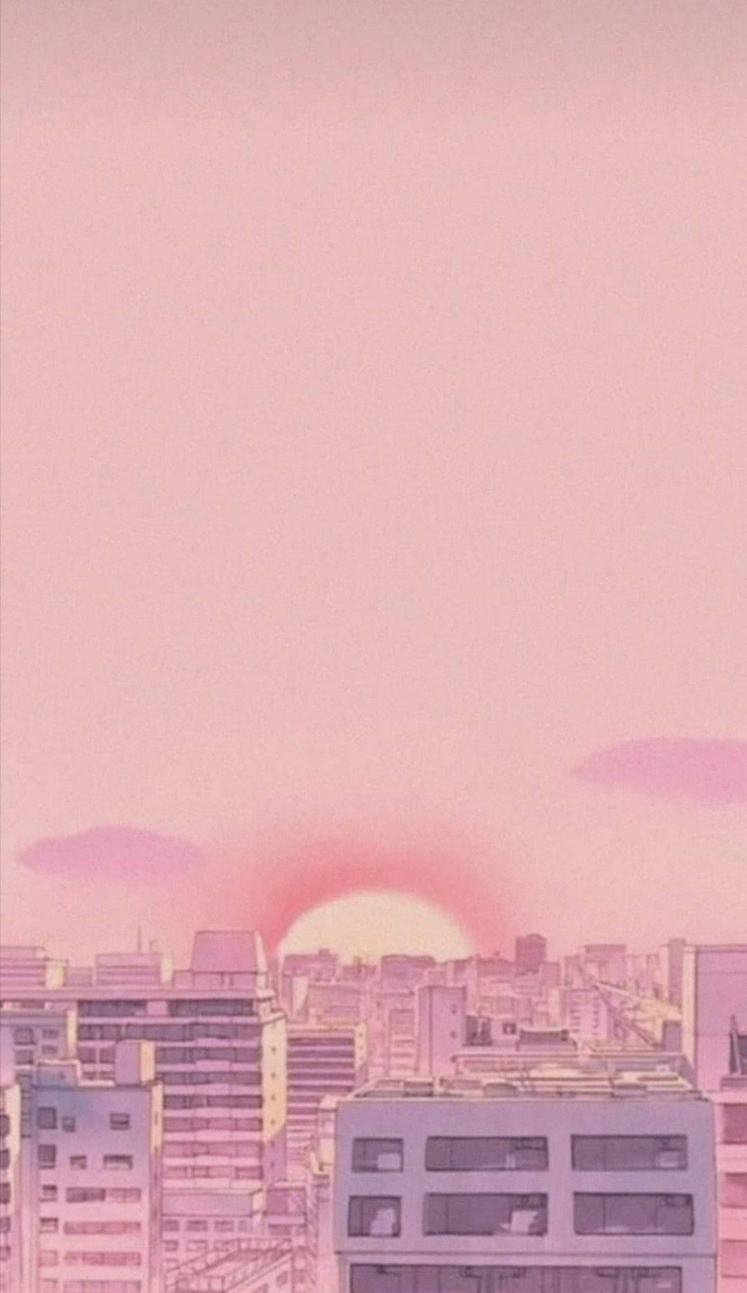 Atardecer anime rosa estético con horizonte urbano Fondos de pantalla