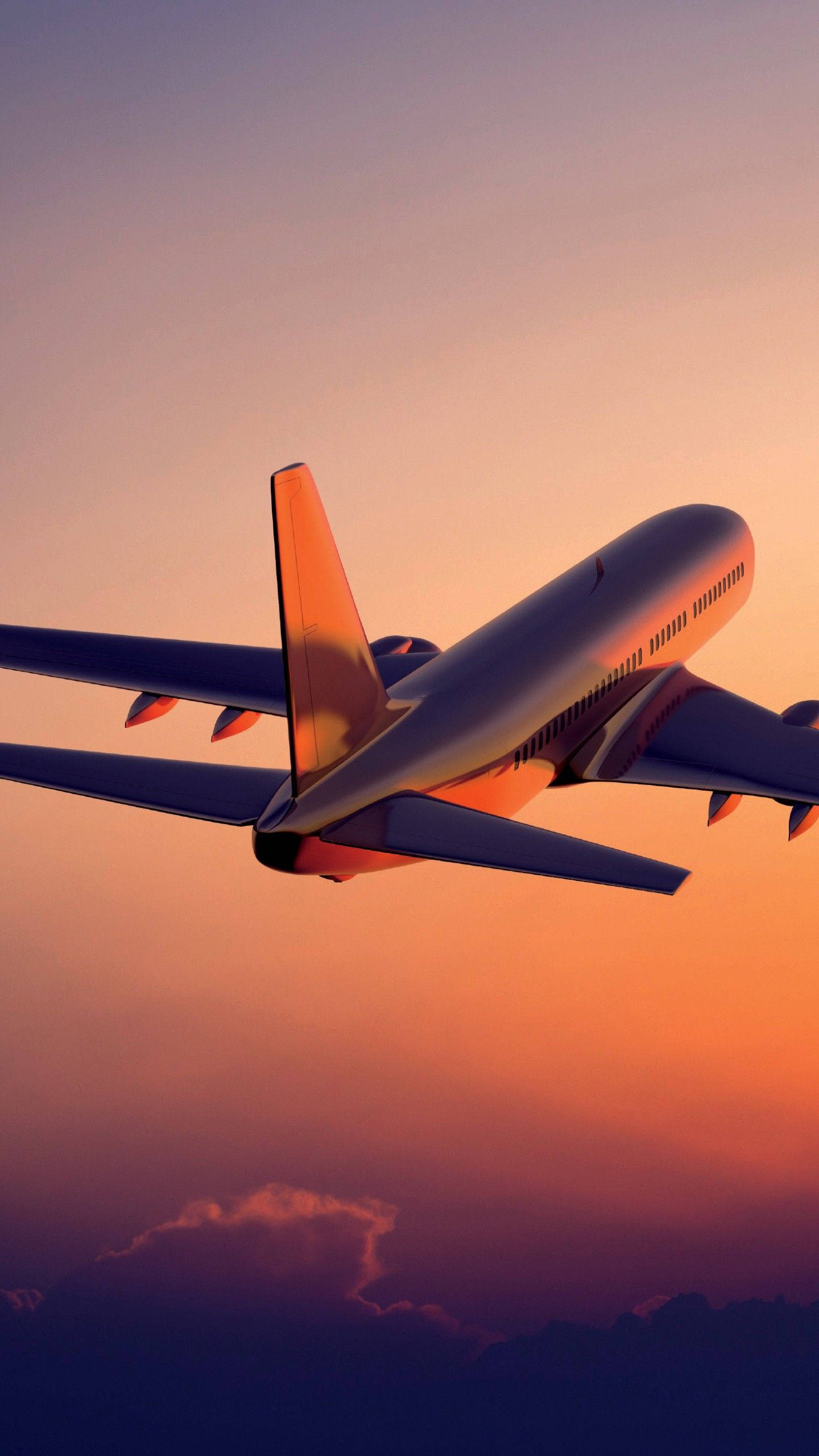 Atardecer con avión blanco ascendiendo Android Fondos de pantalla