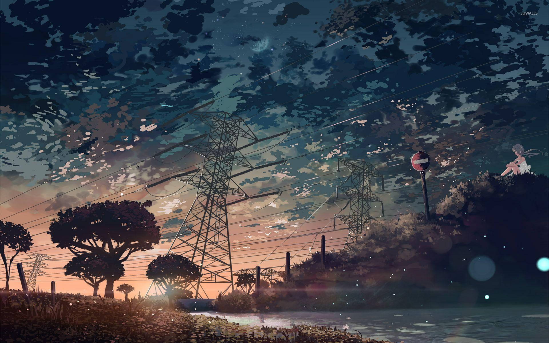 Atardecer Estético de Líneas Eléctricas Anime Fondos de pantalla