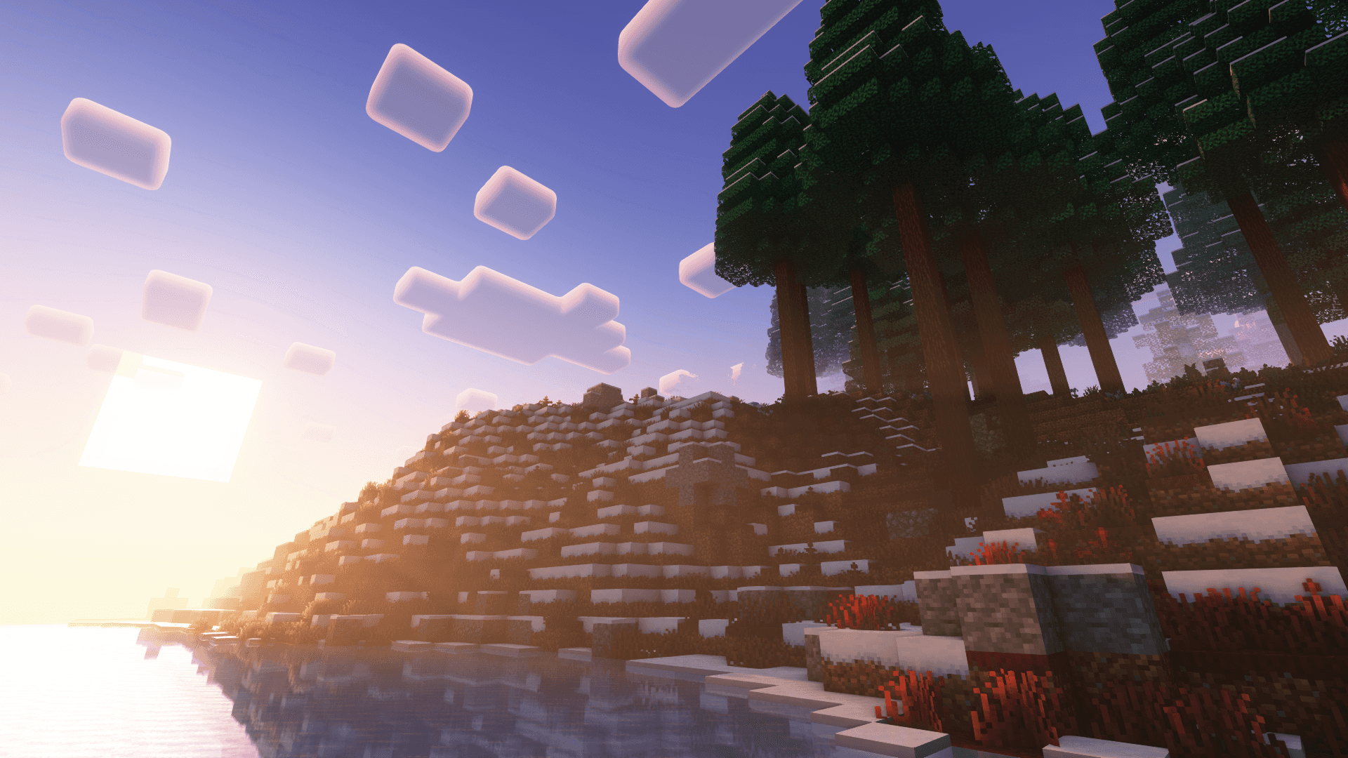 Atardecer invernal de Minecraft junto a un bosque Fondos de pantalla