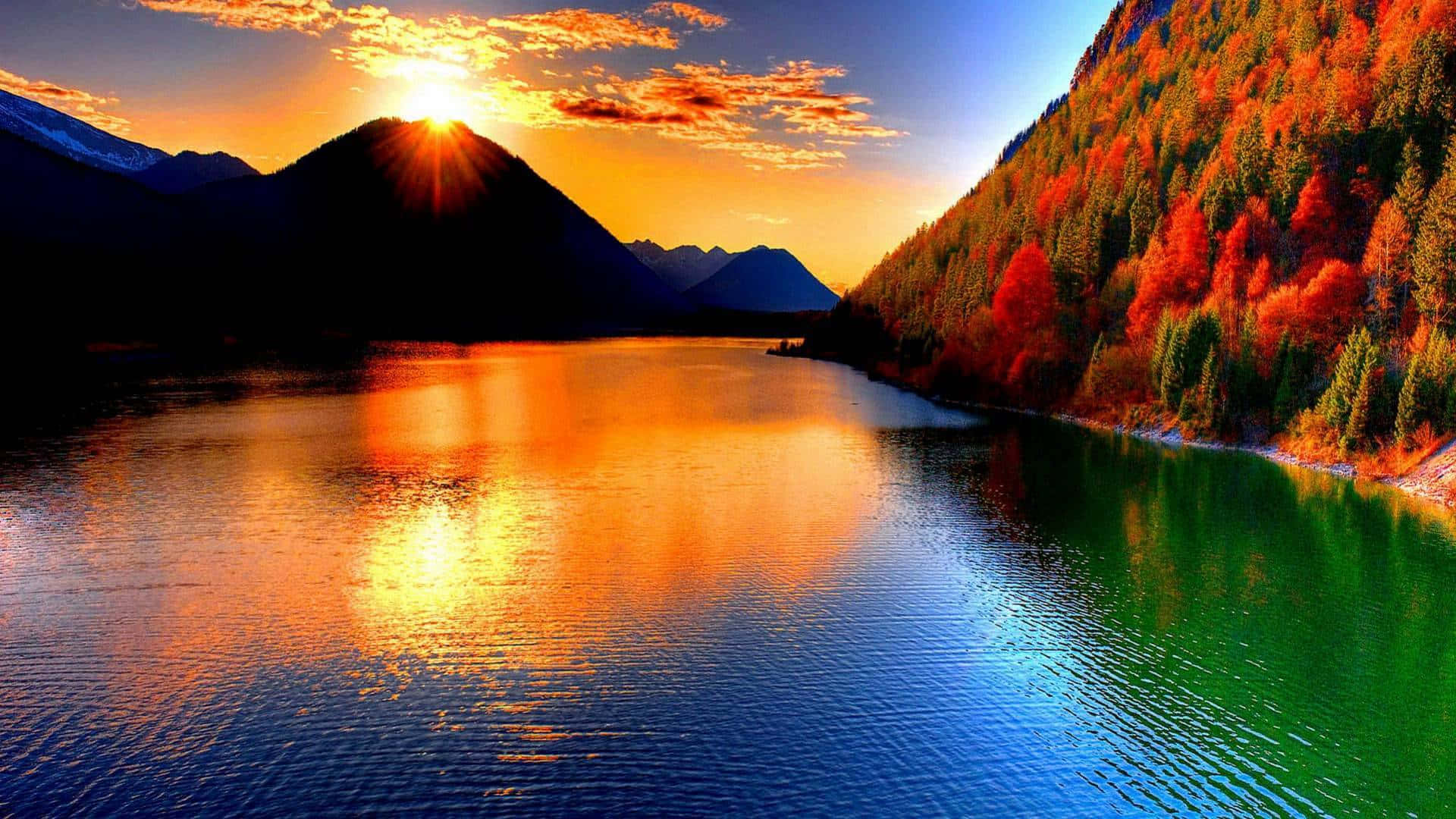 Atardecer majestuoso en lago y montaña Fondos de pantalla