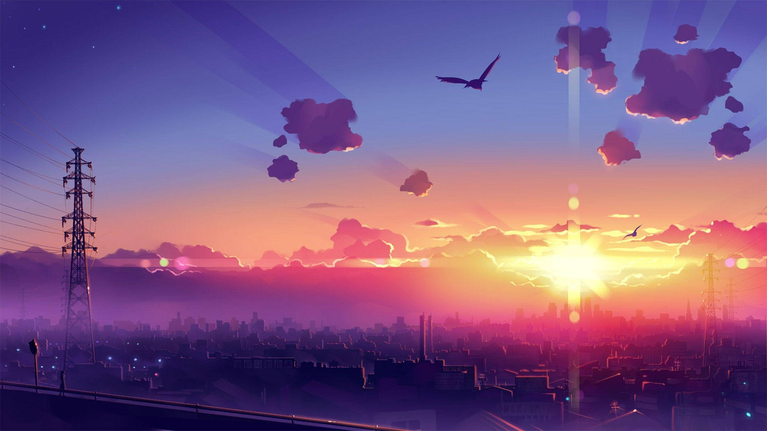 Atardecer sobre la ciudad paisaje anime estético Fondos de pantalla