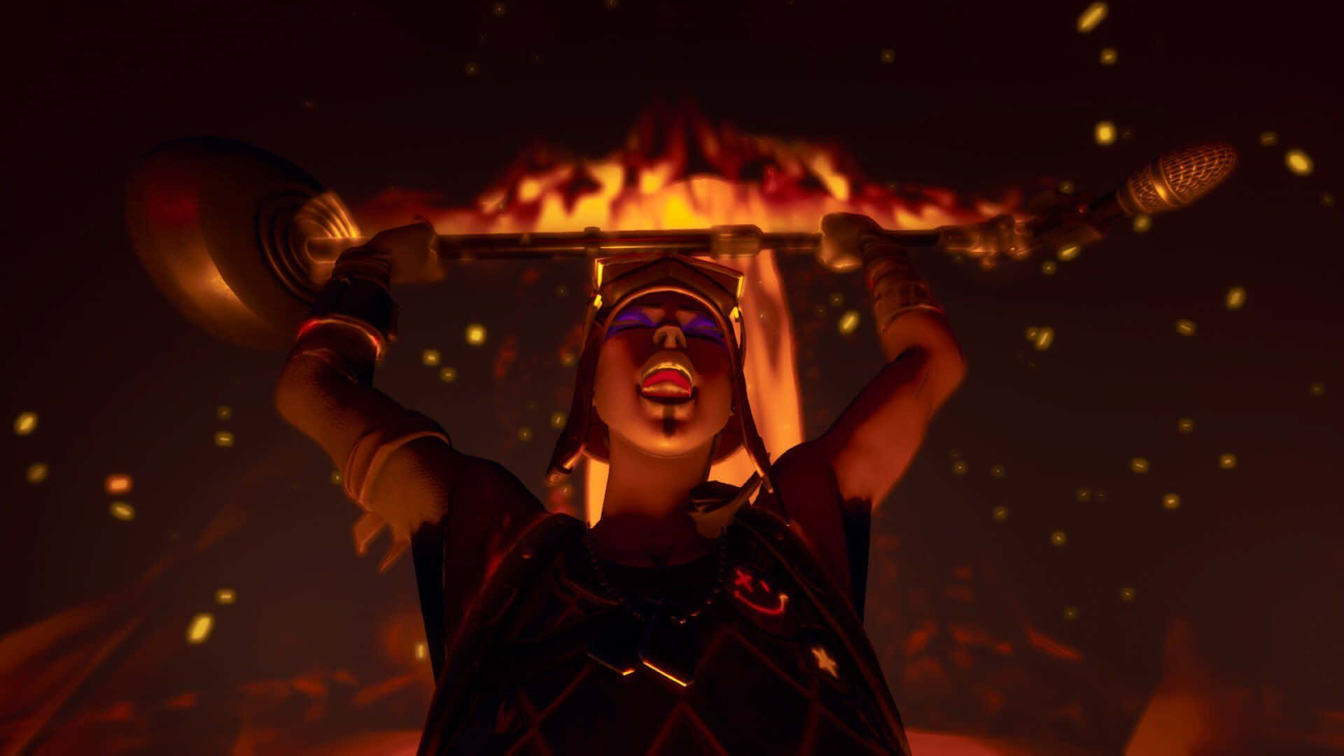 Atuendo Blaze de Fortnite levantando un soporte de micrófono Fondos de pantalla
