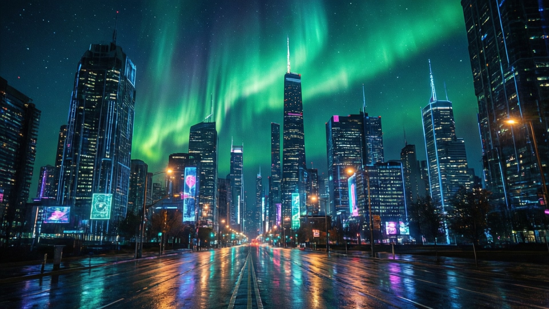 Aurora Verde de Ciudad Neón Fondos de pantalla