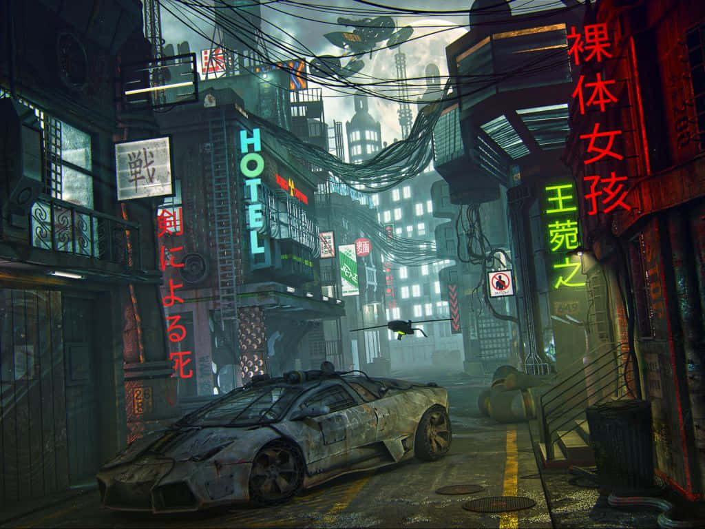 Auto abandonado en ciudad de Tokio estilo anime Fondos de pantalla