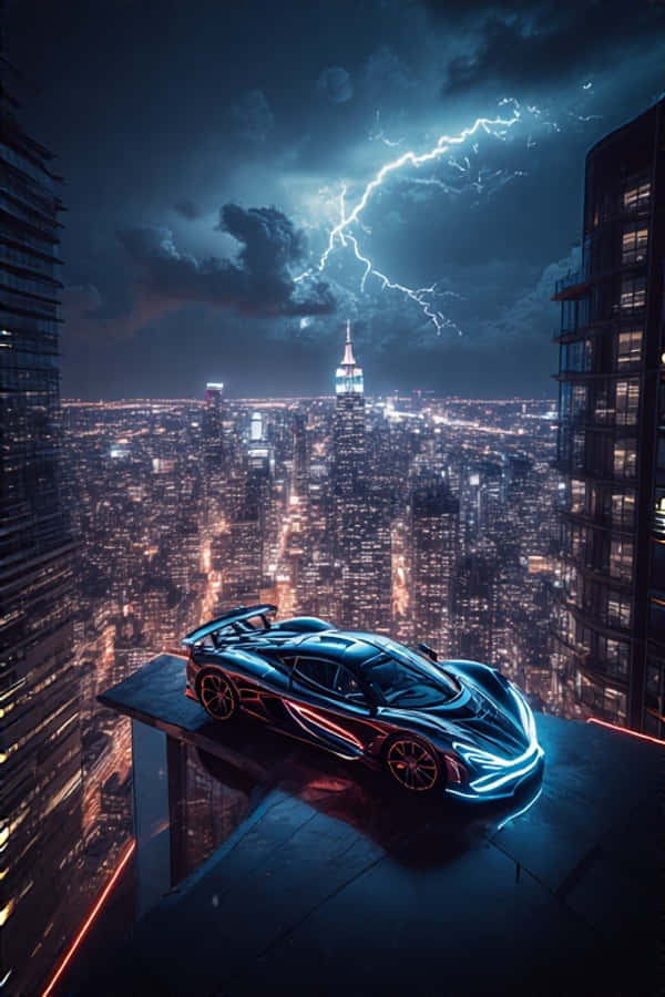 Auto exótico en azotea de ciudad neón dramático 4K Fondos de pantalla