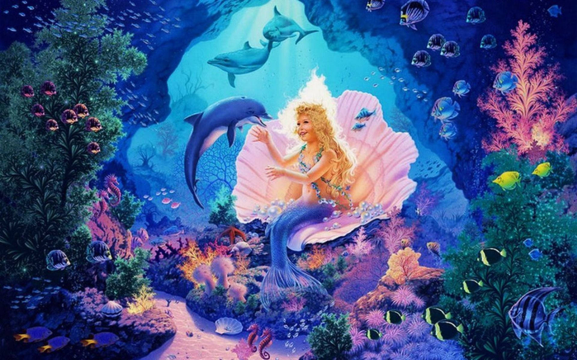 Fondo de pantalla submarino vibrante de la princesa sirena en una concha gigante.