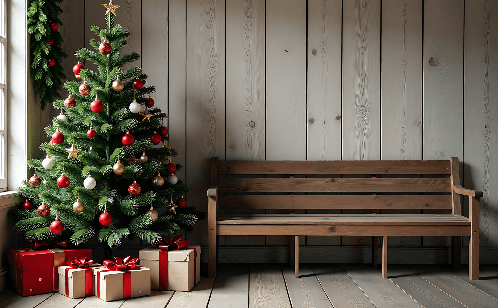 banco,Navidad,árbol,regalos,acogedor,navideño,decoración,interior,pino,de temporada,festivo,adornos,celebración,cálido,rústico