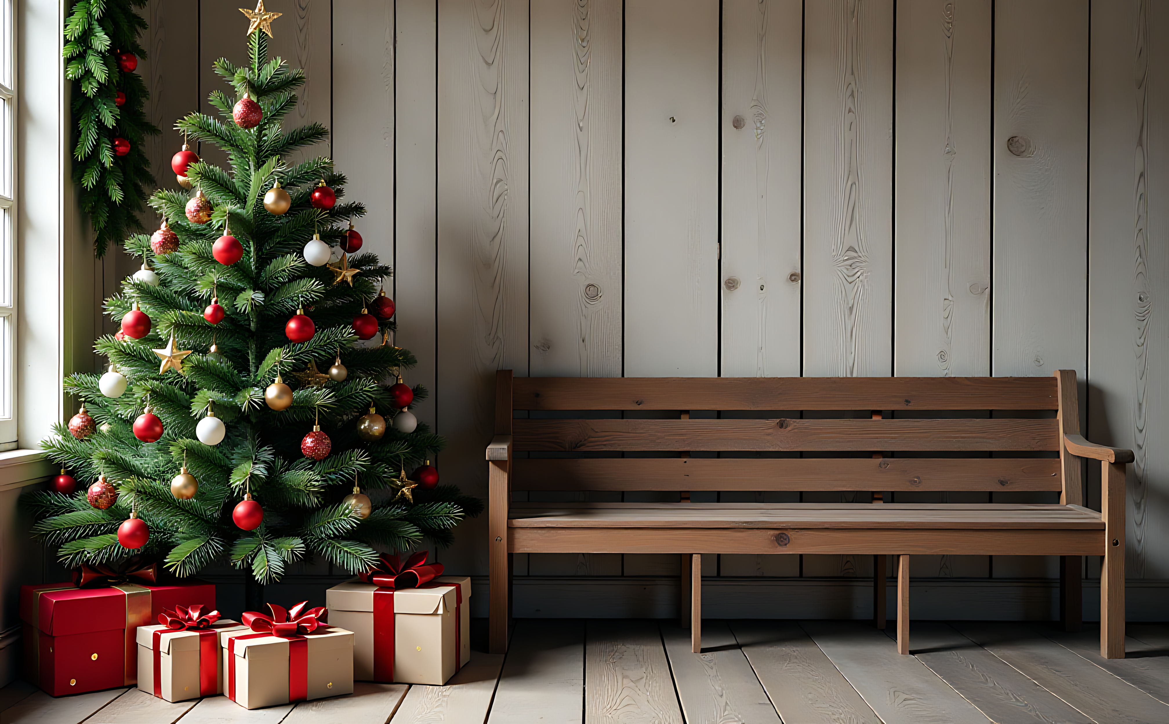 Banco bajo el árbol de Navidad con regalos Fondos de pantalla