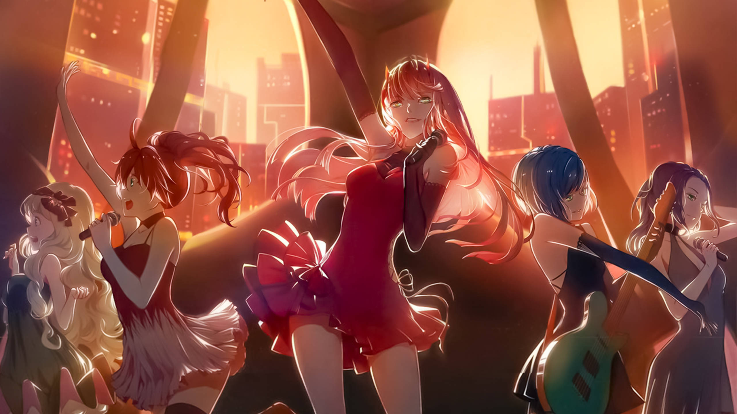 Banda de chicas anime enérgica bailando en un escenario de ensueño Fondos de pantalla