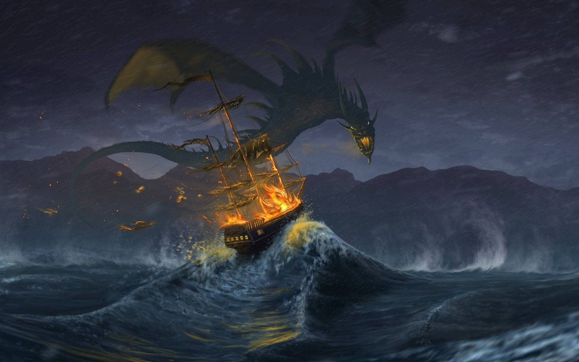 Barco en llamas y dragón japonés PC Fondos de pantalla