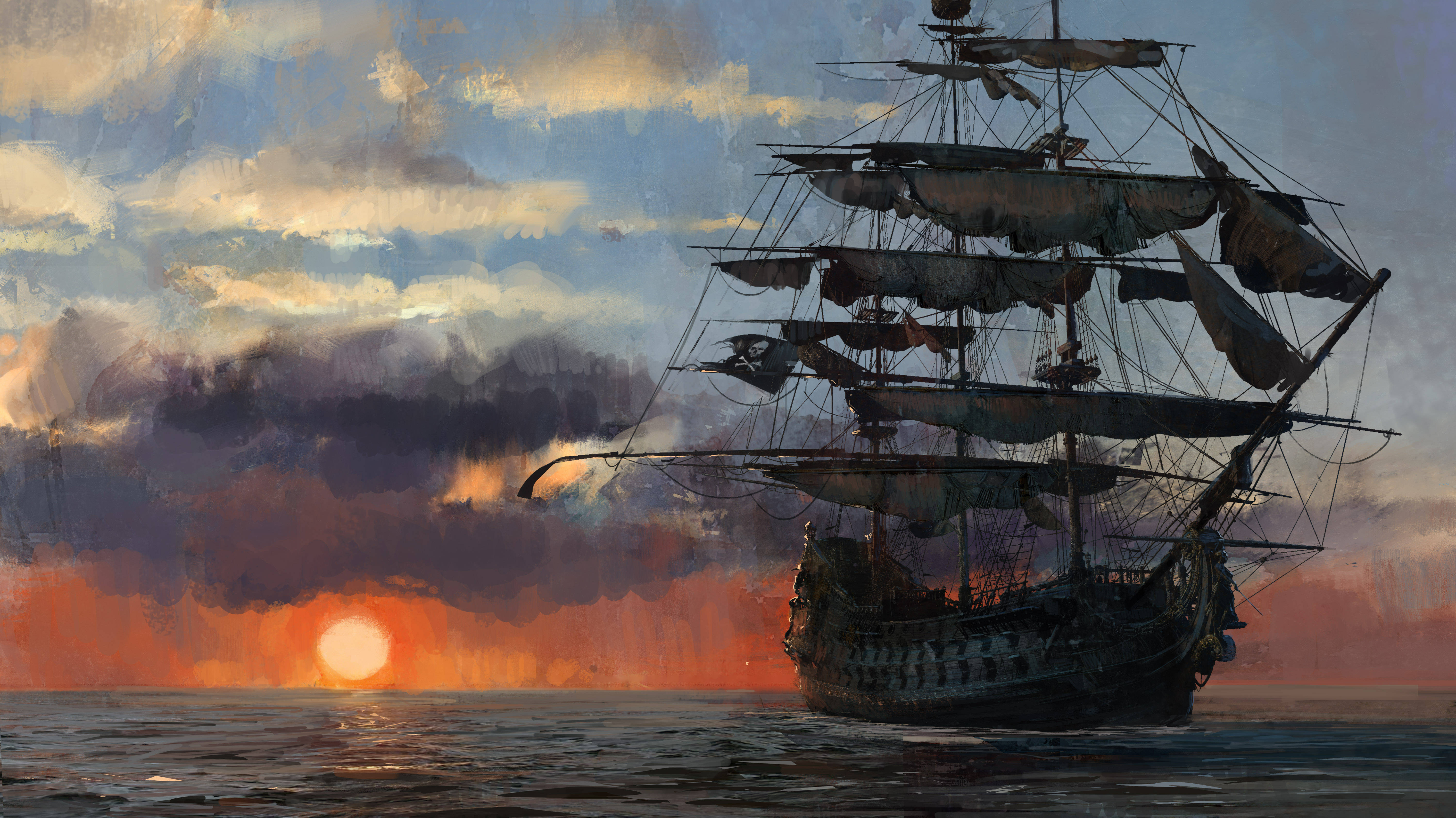 Barco Pirata Navegando al Atardecer en 4K Fondos de pantalla