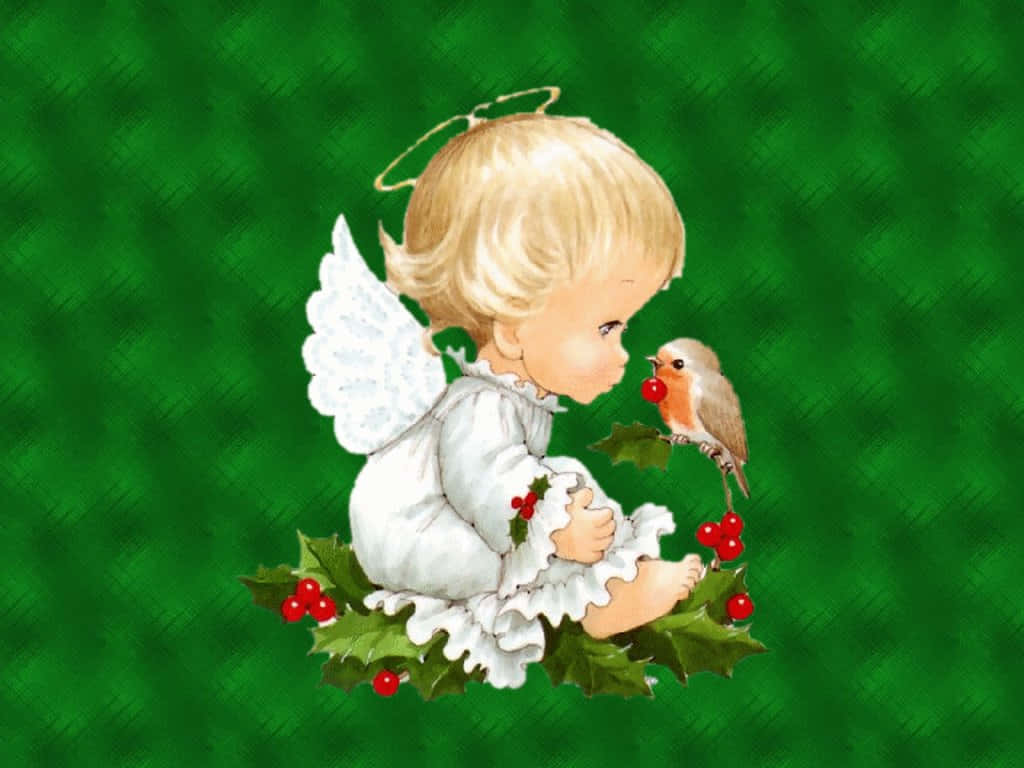 Bebé ángel lindo con un pájaro Fondos de pantalla