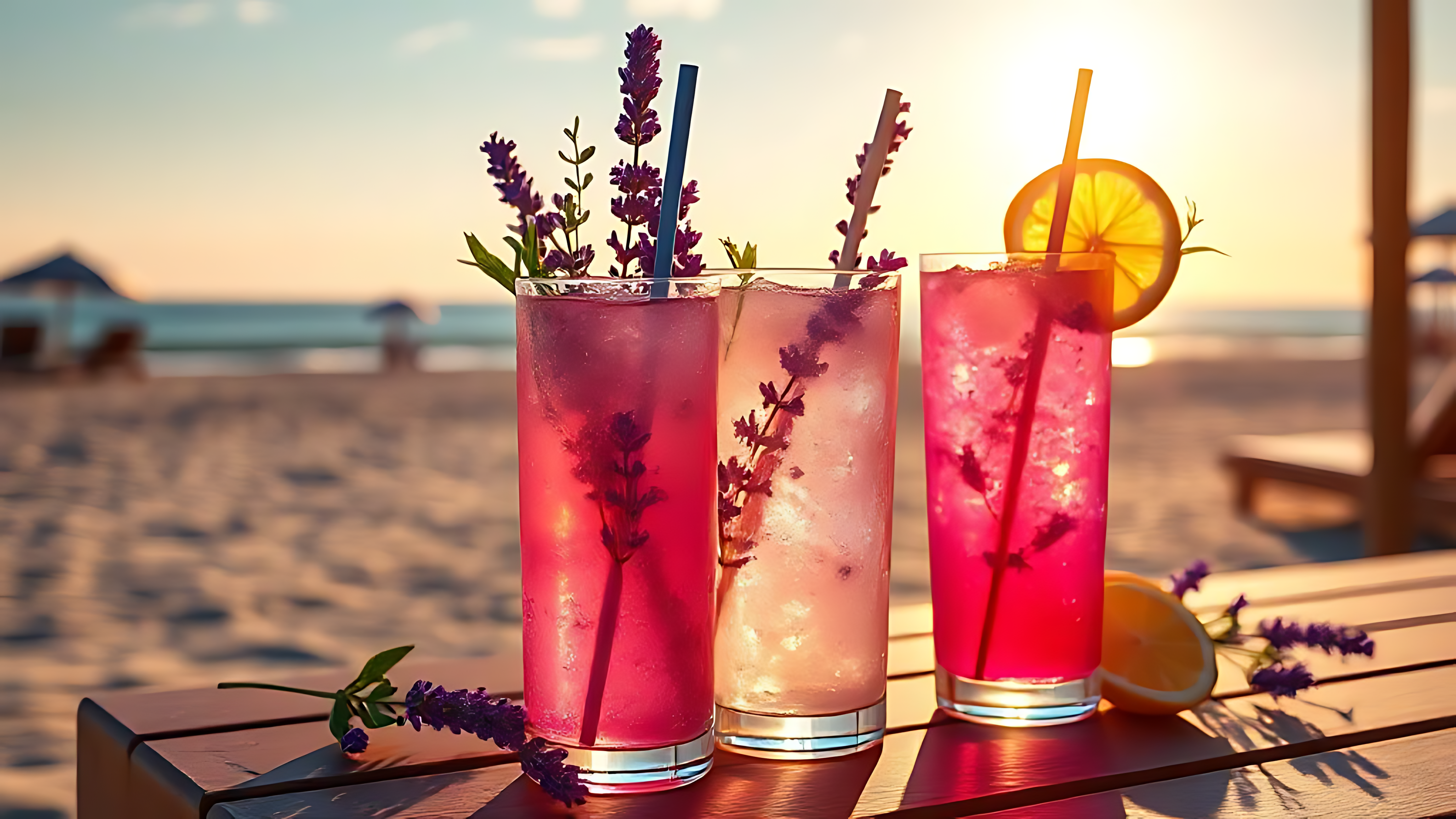 Bebidas rojas y moradas con lavanda en la playa Fondos de pantalla