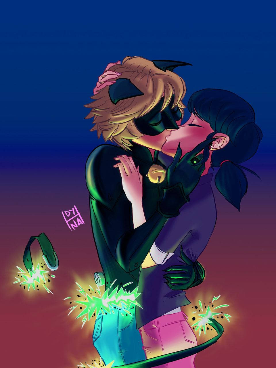 Besos de Ladybug y Cat Noir con Chispas Fondos de pantalla