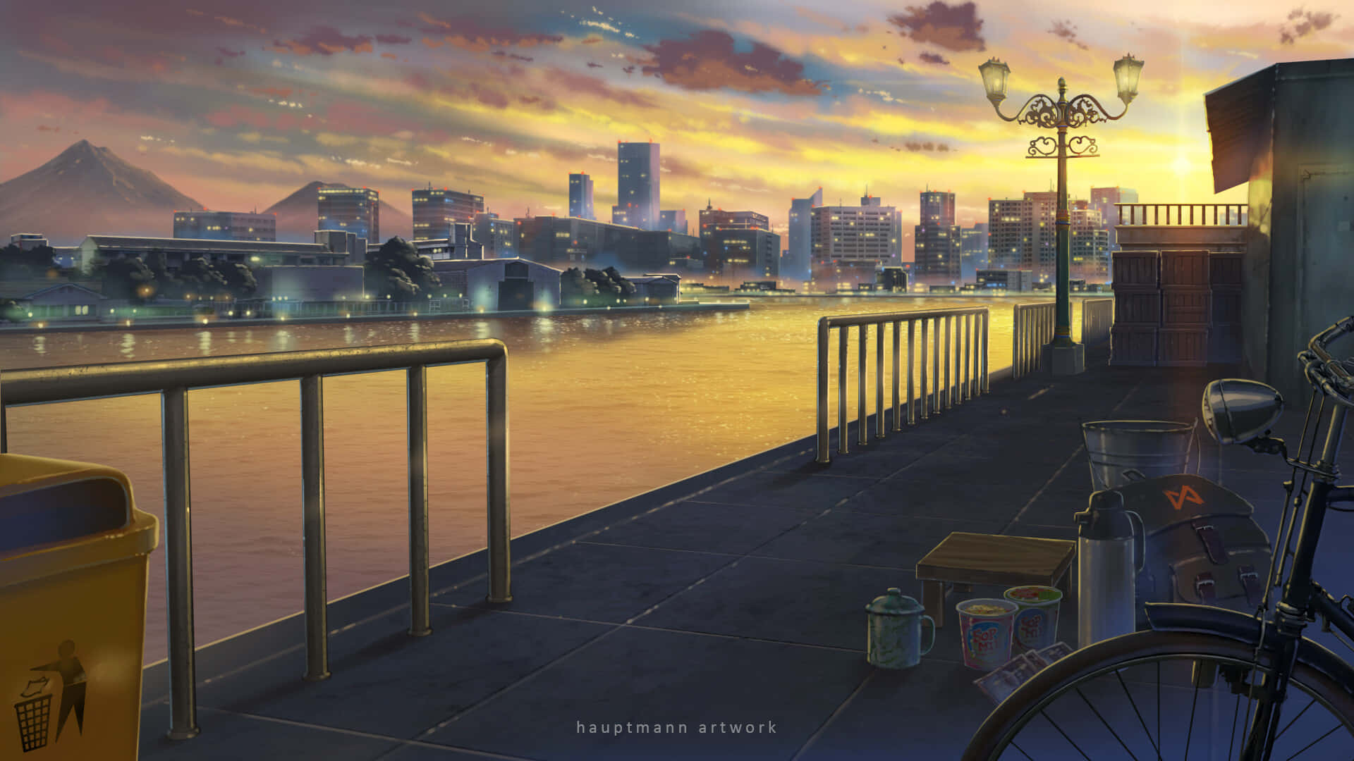 Bicicleta relajante de anime Lo Fi junto al lago Fondos de pantalla