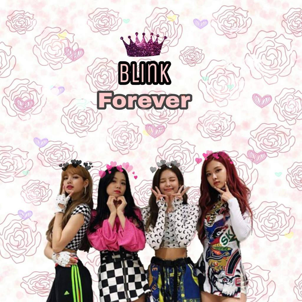 Fondo de pantalla de integrantes de Blackpink con texto Blink Forever y corona púrpura