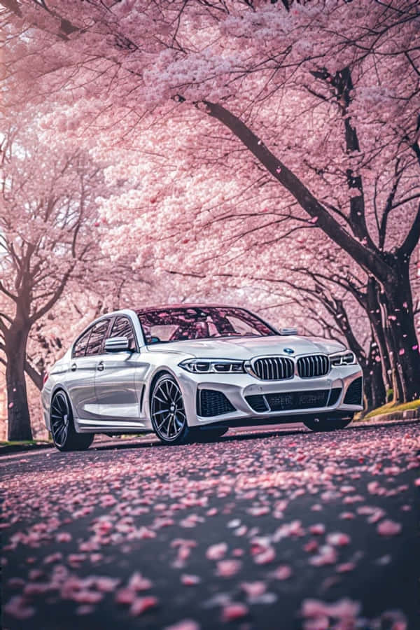 BMW Blanca Elegante Bajo Cerezos en Flor en Primavera Estética Fondos de pantalla