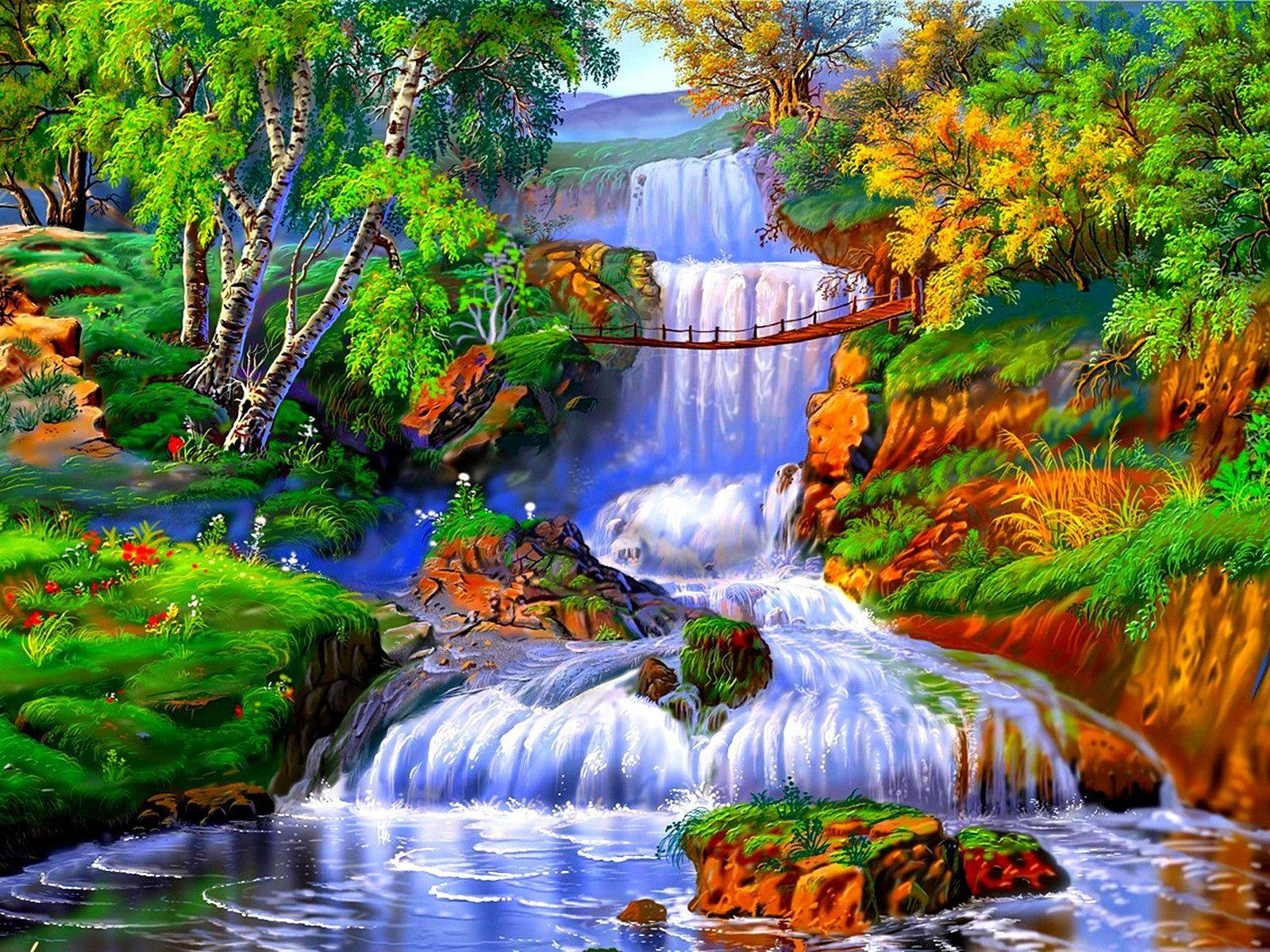 Bosque Colorido Hermosa Cascada Fondos de pantalla