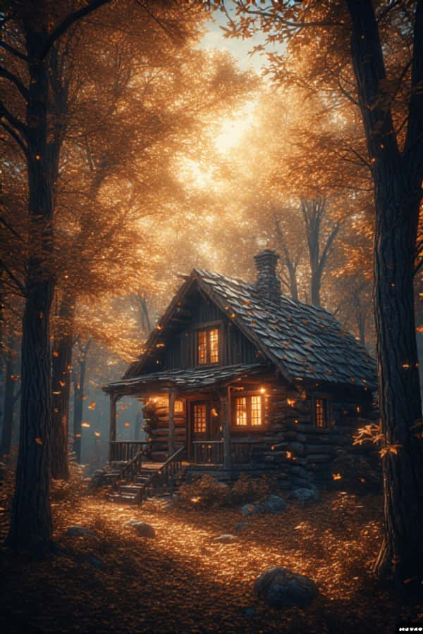 Cabaña Acogedora en Bosque Otoñal Naturaleza Cálida de Otoño 4K Fondos de pantalla