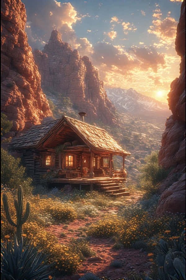 Cabaña en el Oasis del Desierto con Flores Silvestres y Naturaleza Cálida 4K Fondos de pantalla