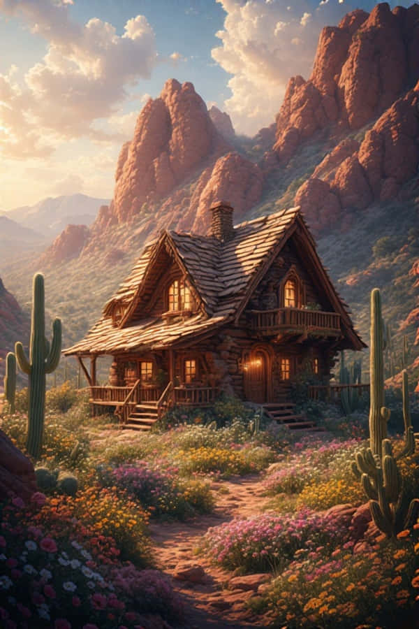 Cabaña oasis en el desierto con flores silvestres naturaleza cálida 4K Fondos de pantalla