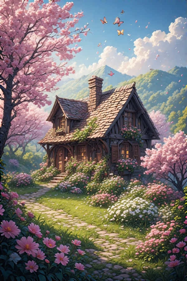 Cabaña Primaveral con Jardín de Flores Alegre Naturaleza 4K Fondos de pantalla