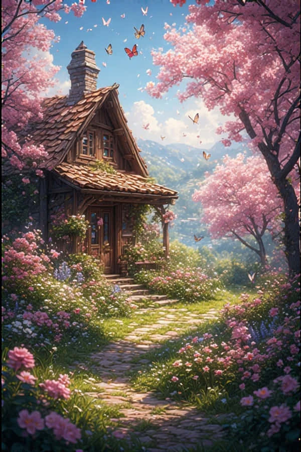 Cabaña Primaveral con Jardín de Flores Alegre Naturaleza 4K Fondos de pantalla