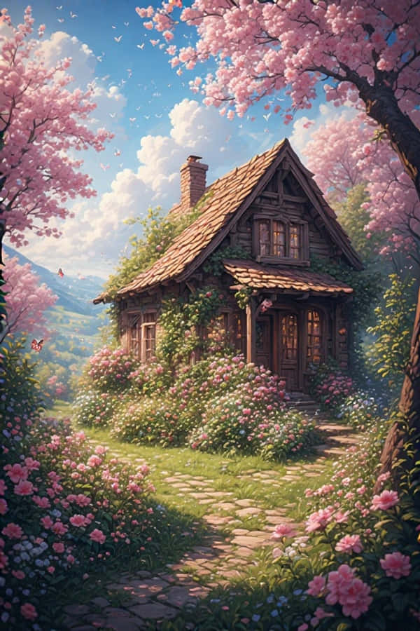 Cabaña Primaveral con Jardín de Flores Alegre Naturaleza 4K Fondos de pantalla