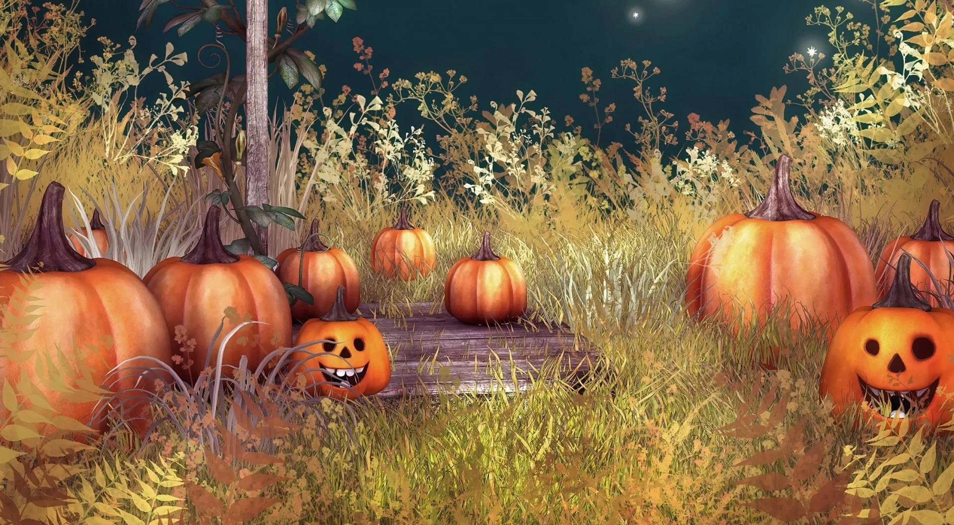 Calabazas de Halloween Vintage en Pastizal Fondos de pantalla