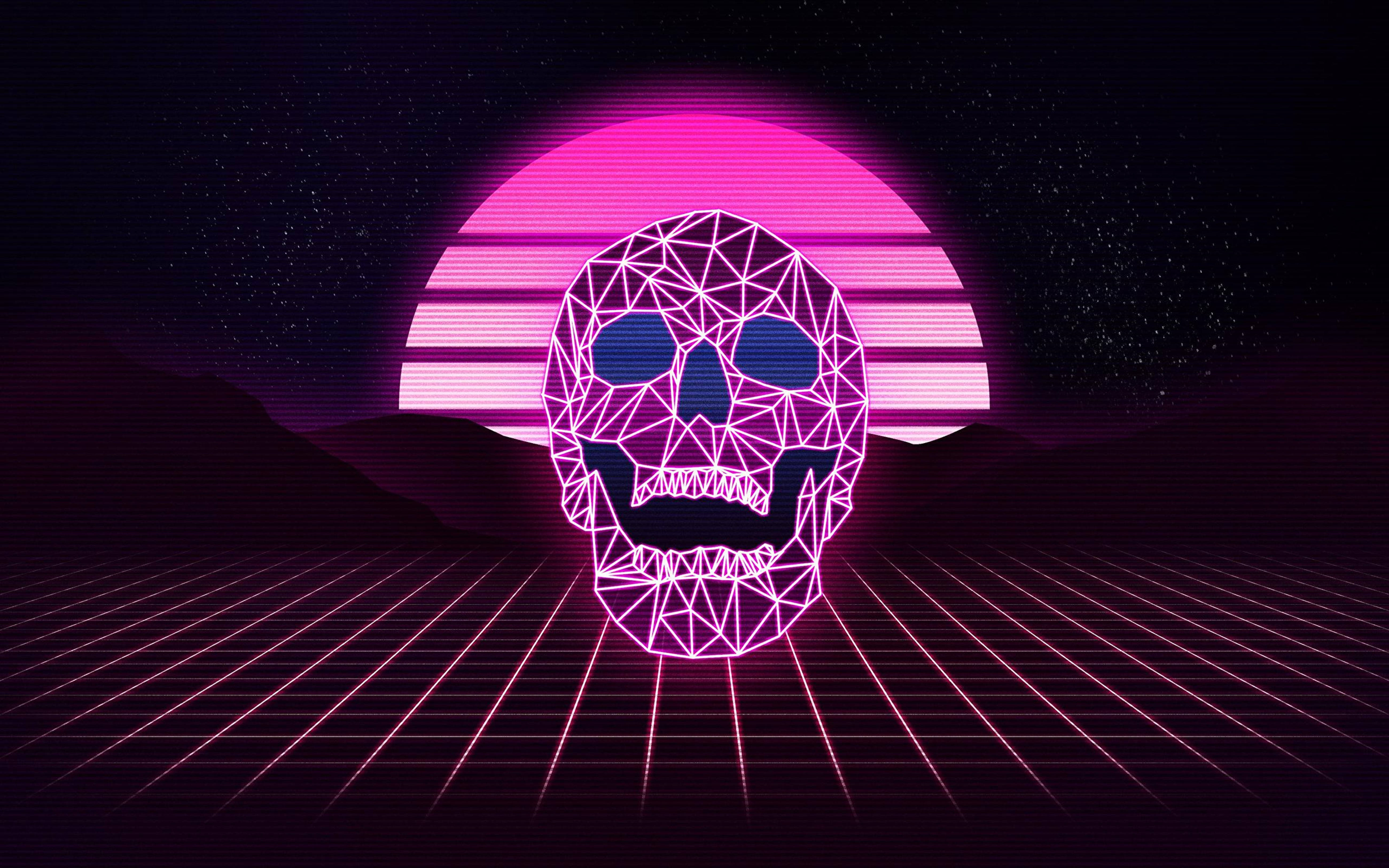 Calavera Neon Morada Retrowave 4K Fondos de pantalla