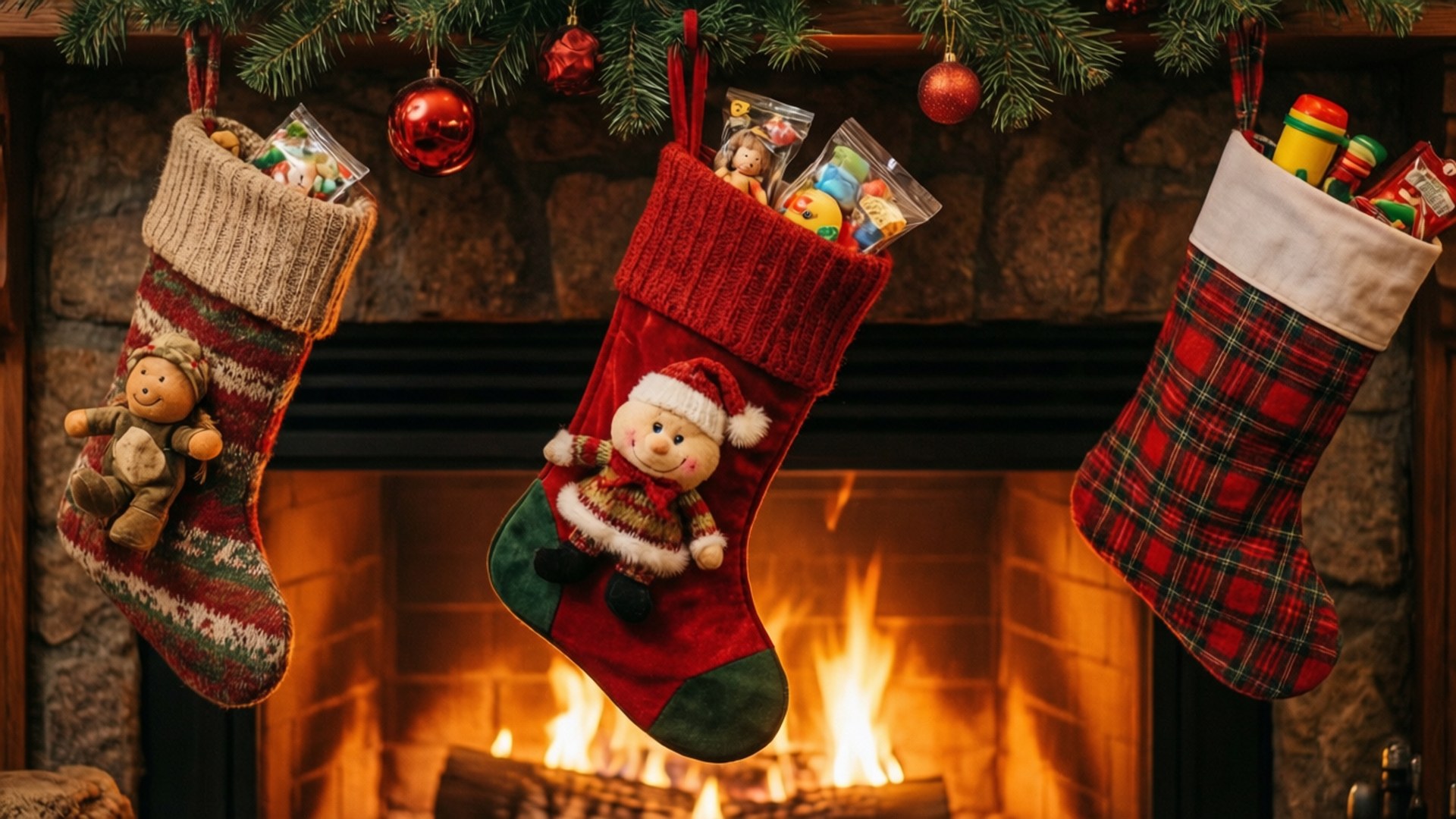 Calcetín navideño junto a la chimenea Fondos de pantalla