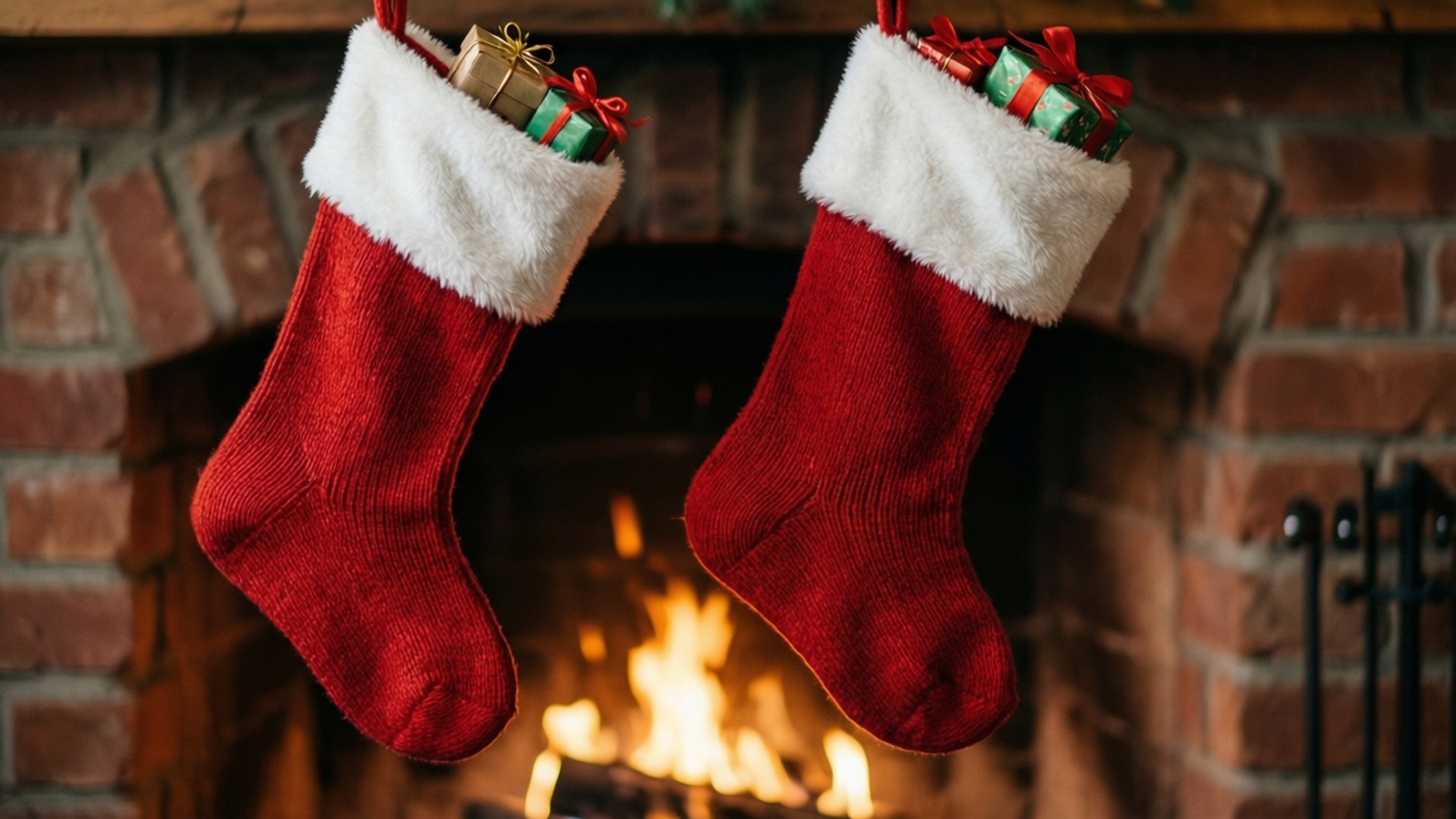 Calcetines navideños junto a la chimenea Fondos de pantalla