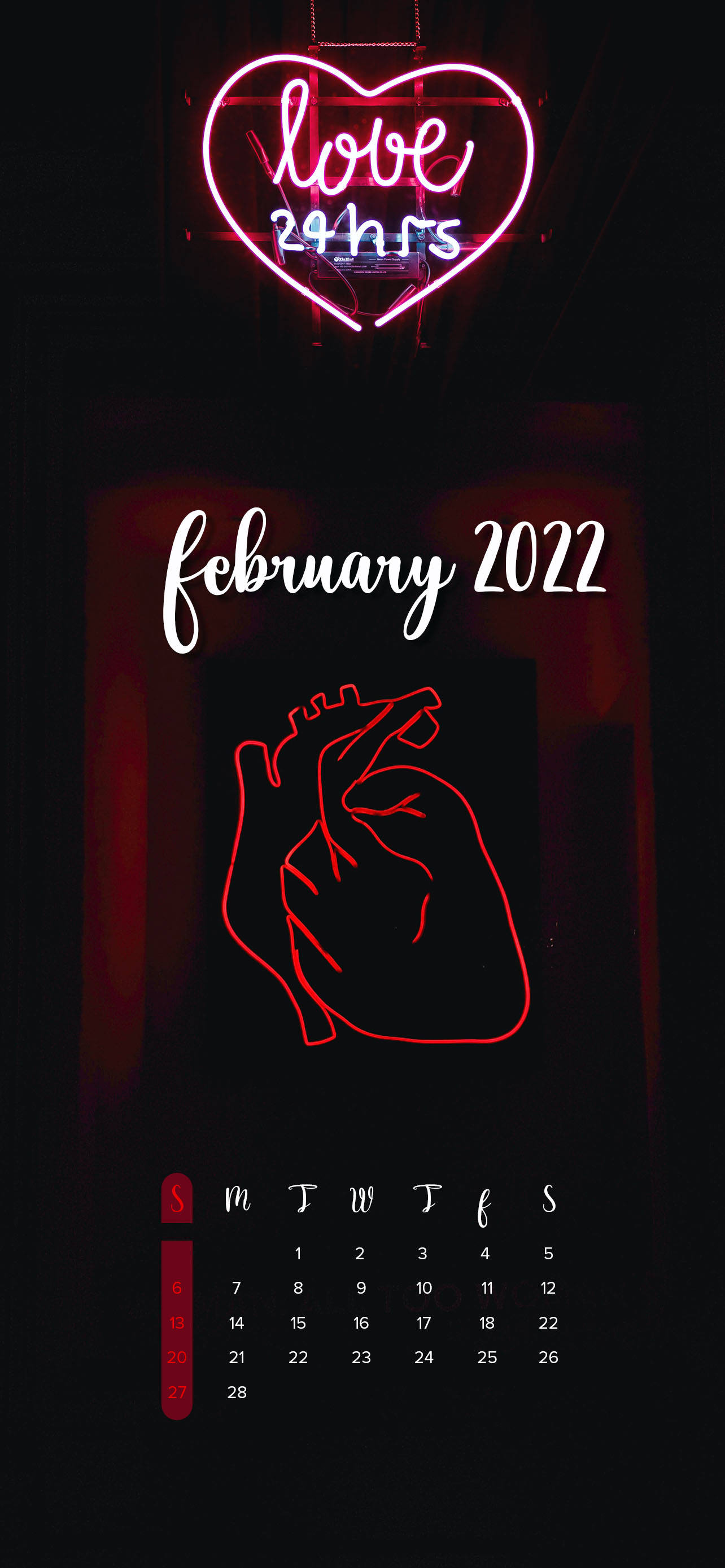 Calendario de Febrero 2022 Corazón Neón Fondos de pantalla