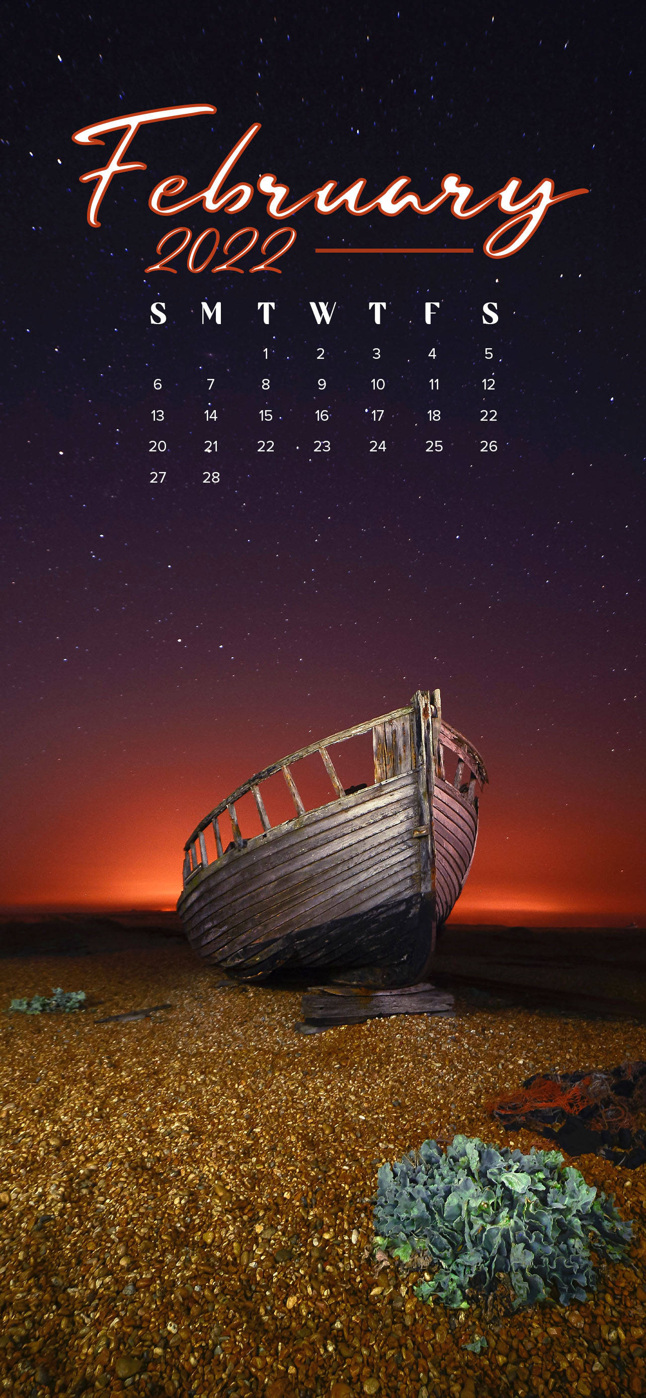Calendario Febrero 2022 en la Orilla de la Playa Fondos de pantalla