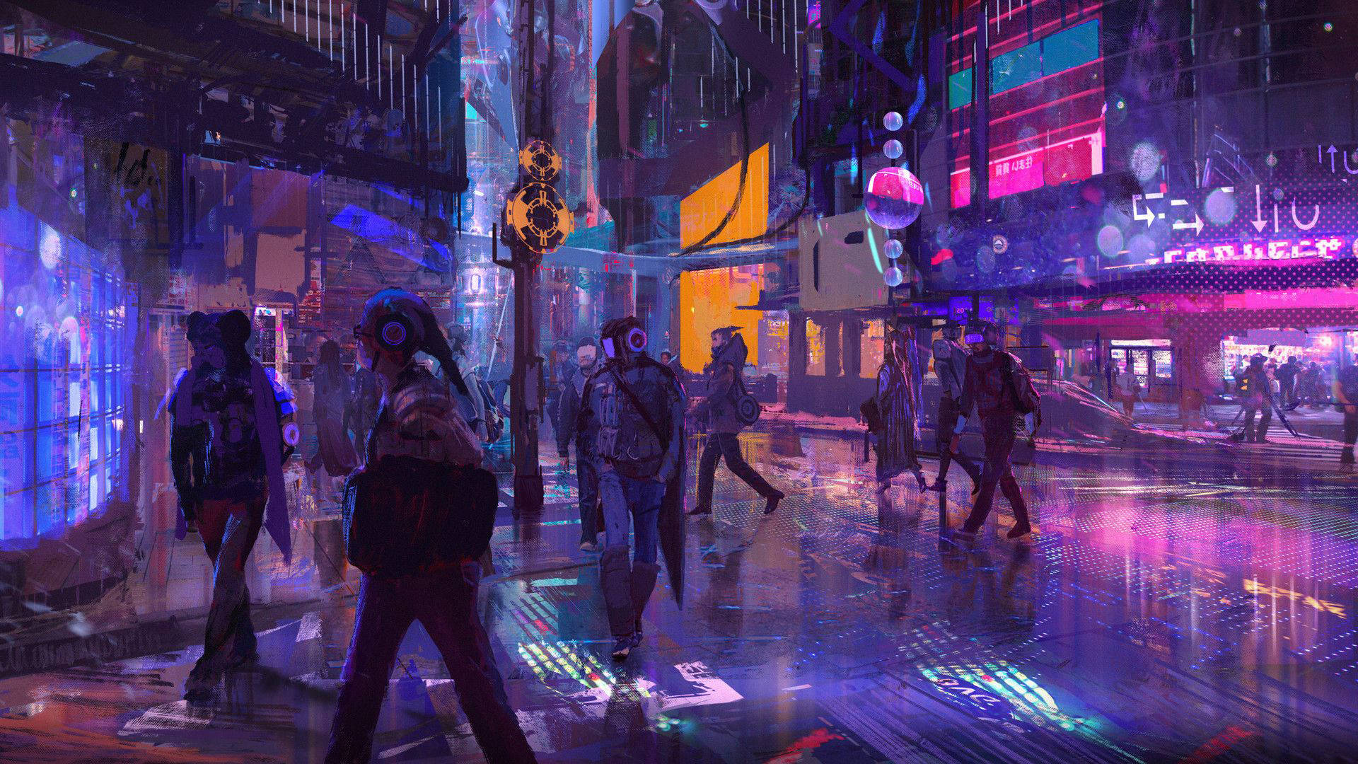 Calle Ciberpunk Estética Púrpura Neón Fondos de pantalla