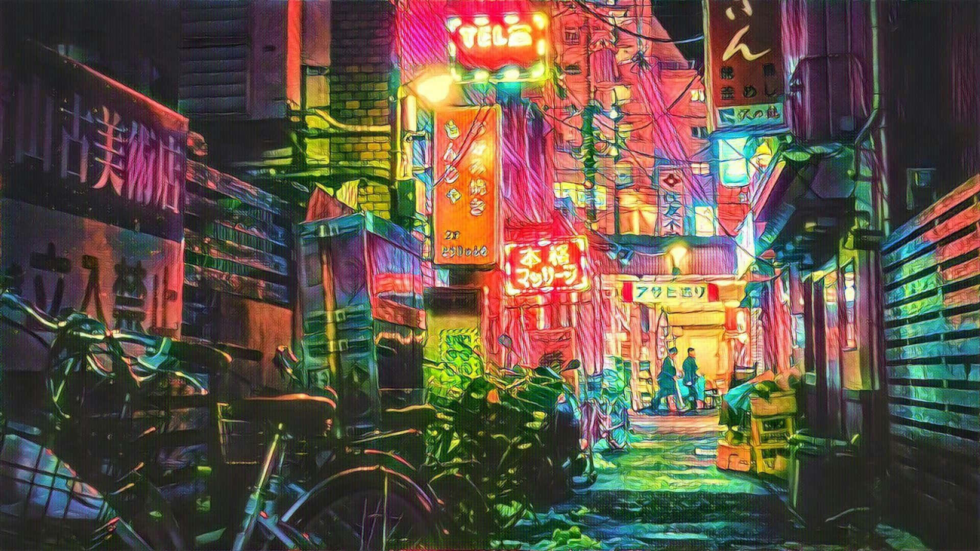 callejón iluminado con neón con una bicicleta y un letrero Fondos de pantalla