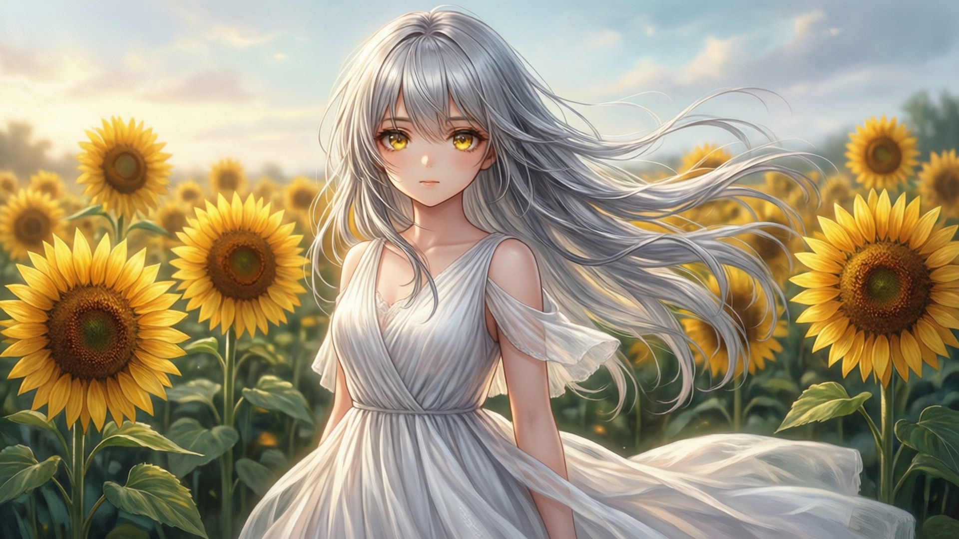 Campo de girasoles con cabello plateado Fondos de pantalla