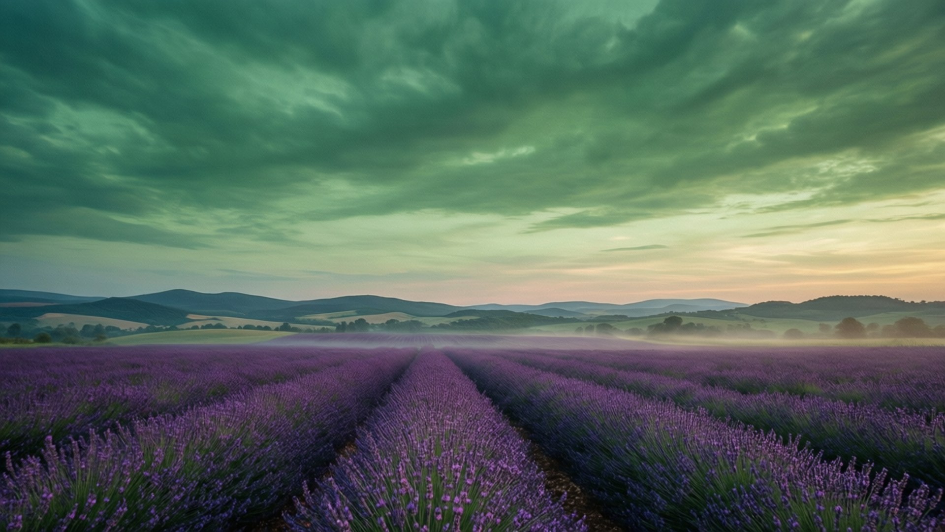 Campo de Lavanda Bajo Cielo Verde Fondos de pantalla