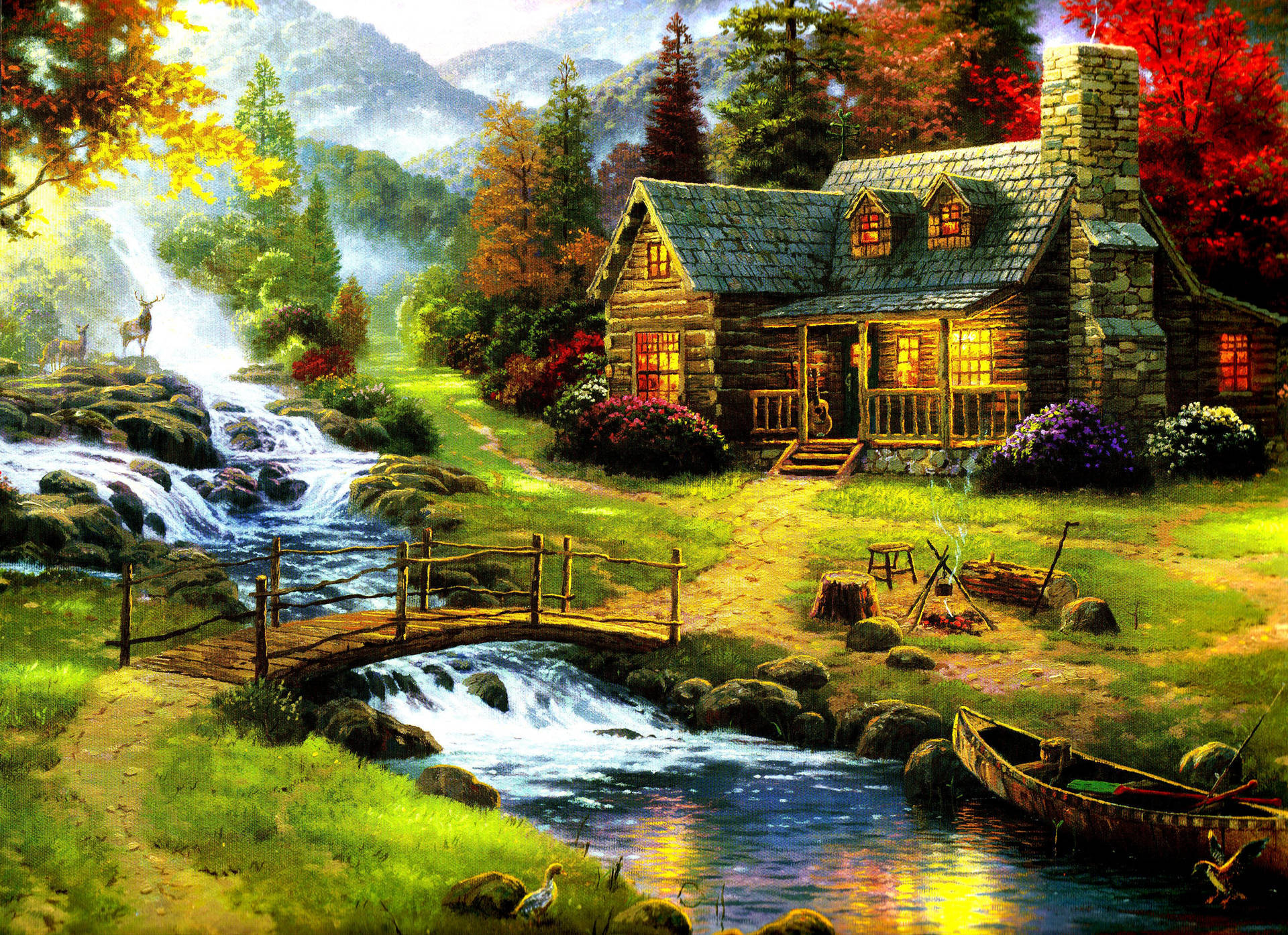 Casa con vista al bosque pintura Fondos de pantalla