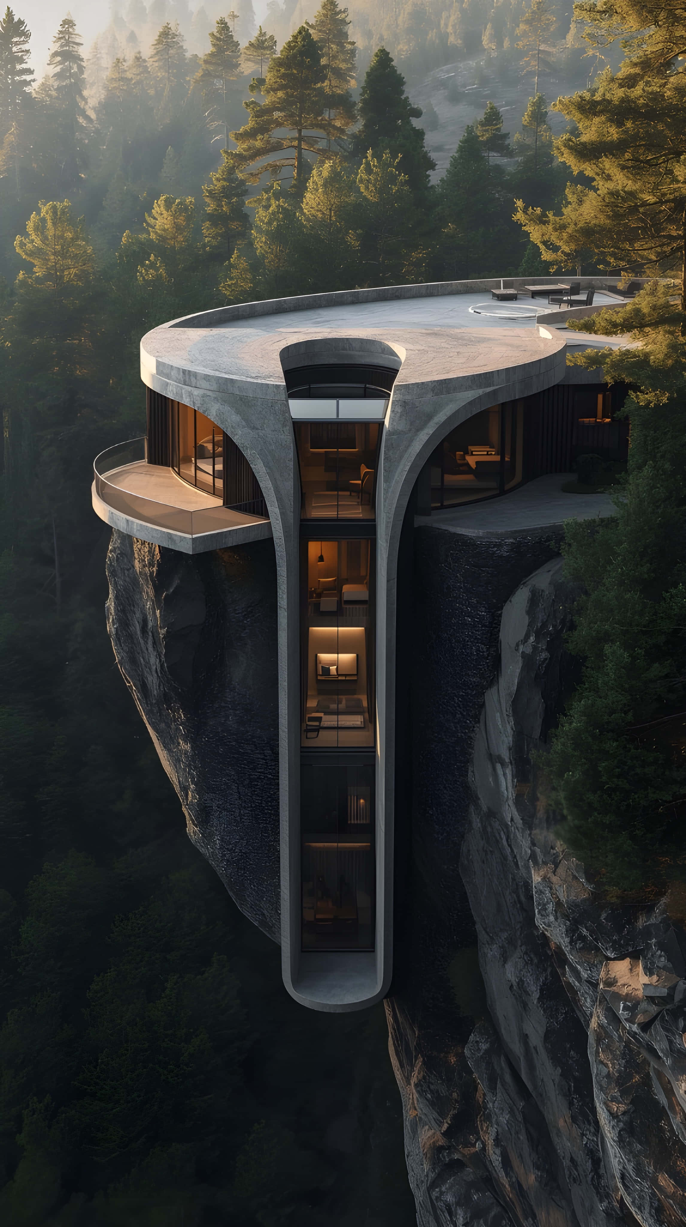 Casa de acantilado de concreto brutalista con balcón voladizo Fondos de pantalla