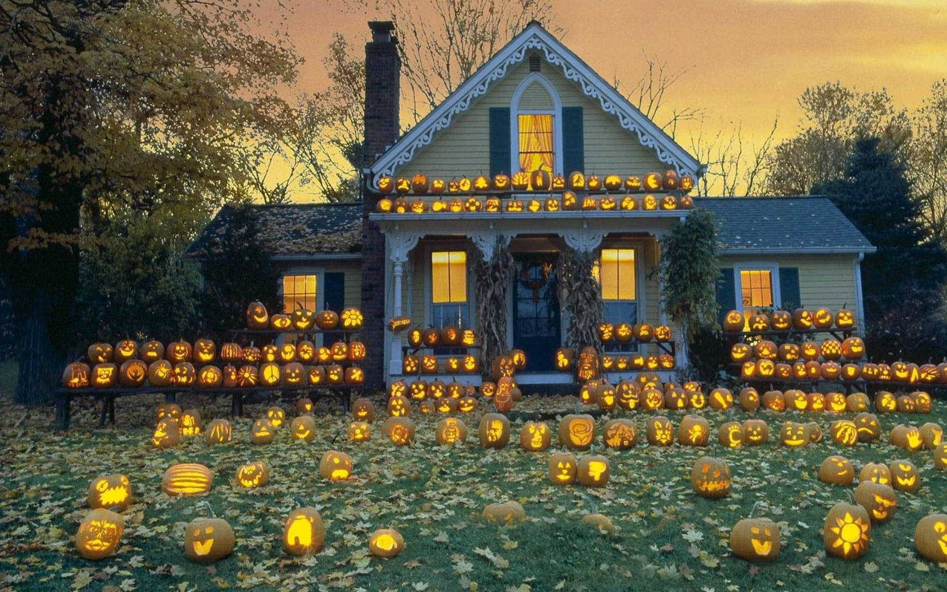 Casa de Halloween Linda con Calabazas Jack O' Lantern Fondos de pantalla