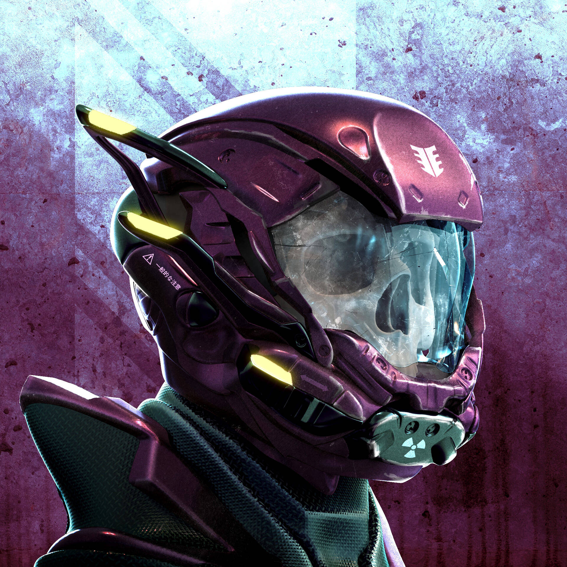 Calavera usando un casco de robot morado.