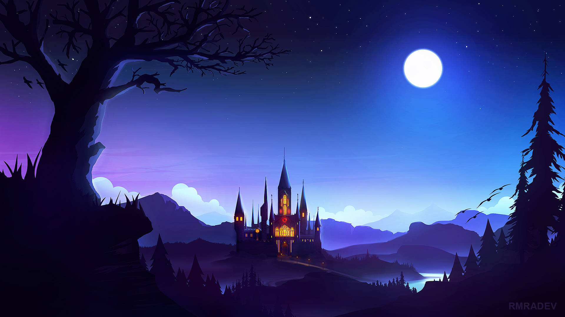 Castillo bajo el cielo nocturno de la luna Fondos de pantalla