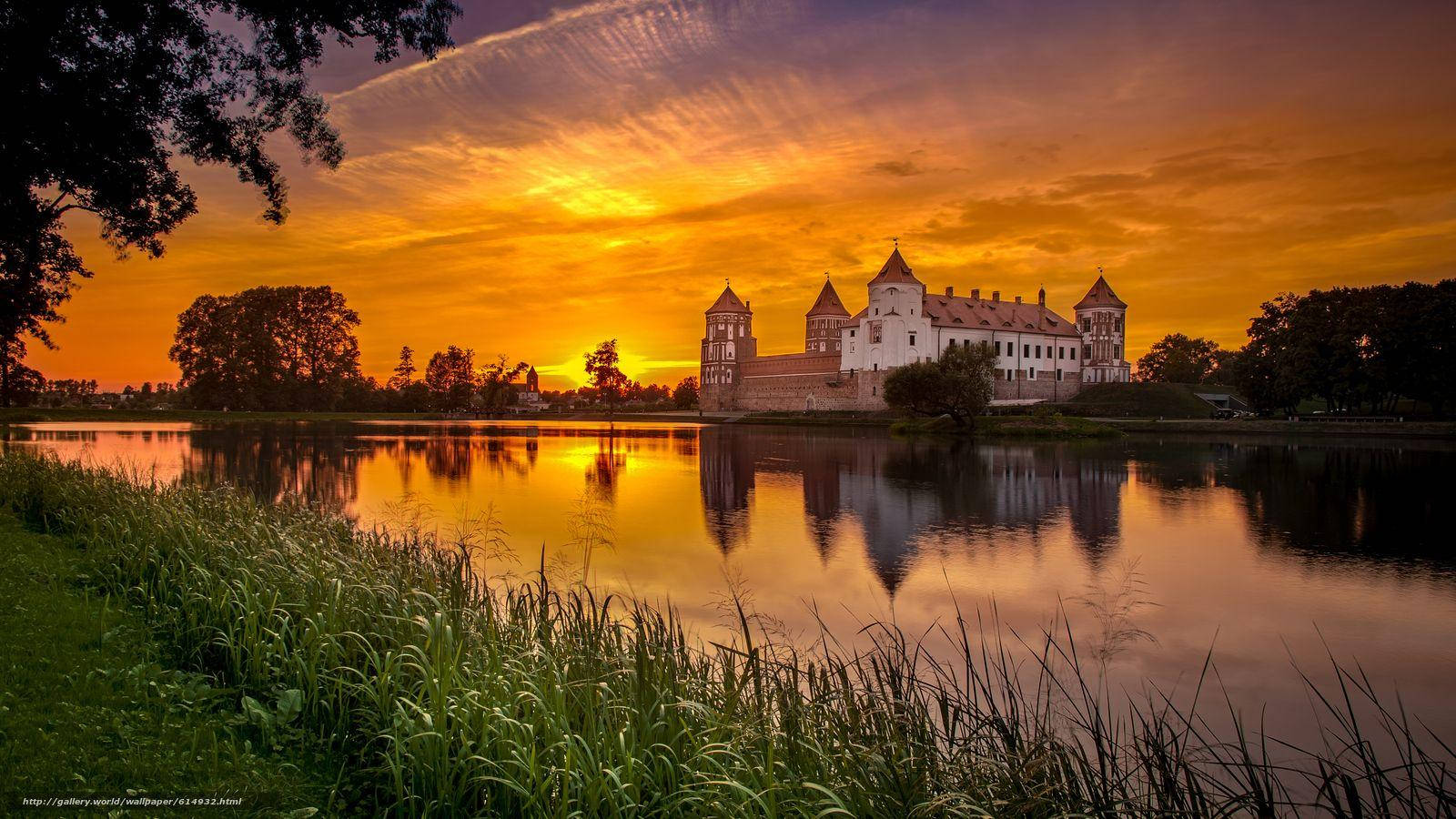 Castillo de Bielorrusia al atardecer naranja Fondos de pantalla