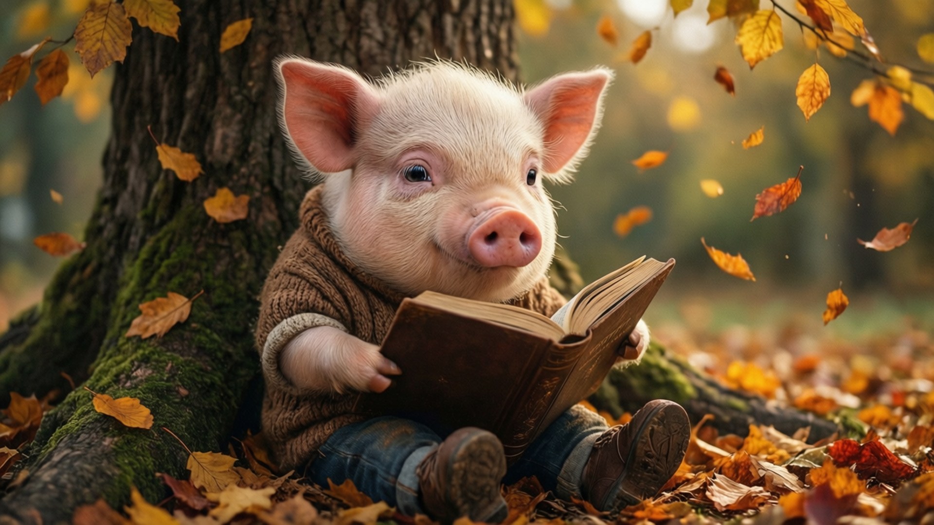 Cerdo Leyendo en Otoño Fondos de pantalla