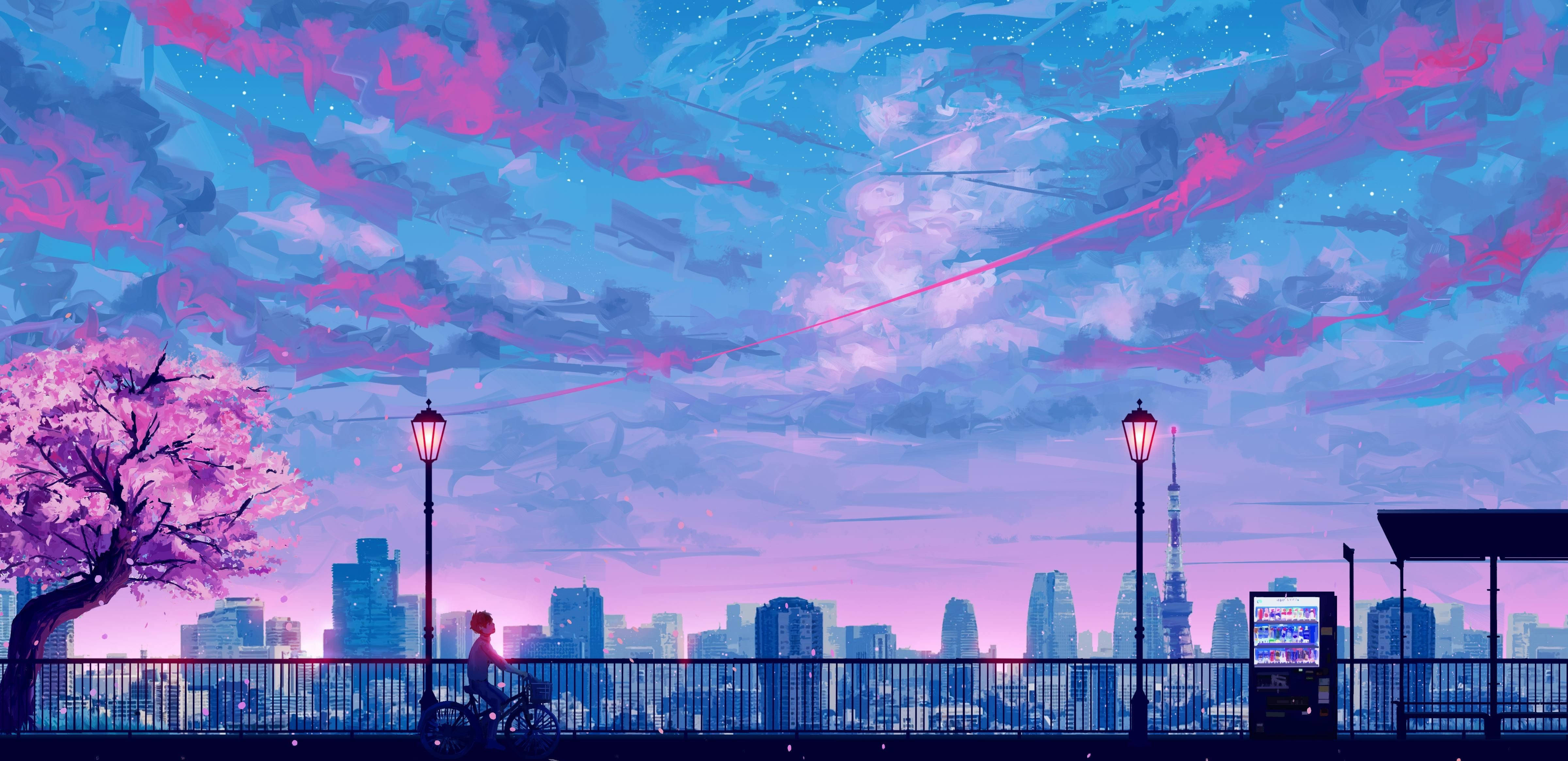 Cerezos en Flor Púrpura Estética Anime Andando en Bicicleta Fondos de pantalla