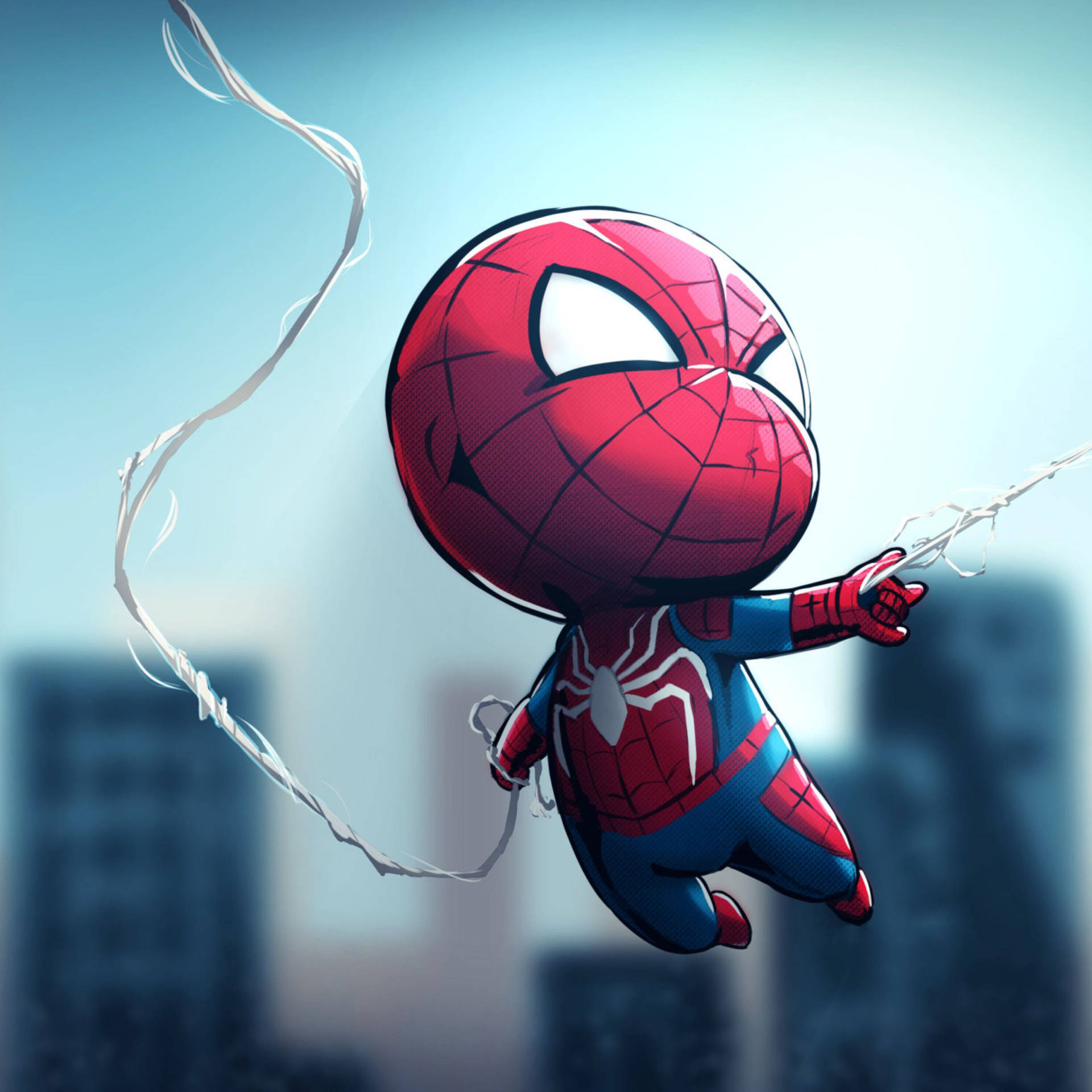 Chibi Spider-Man globo con cabeza grande y pancita regordeta sosteniendo sus poderes de telaraña mientras se cuelga de ella.